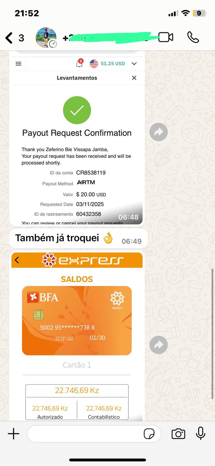 Comprovativo do resultado de Pedro: 20,00 USD · aprox. 24.000 Kz