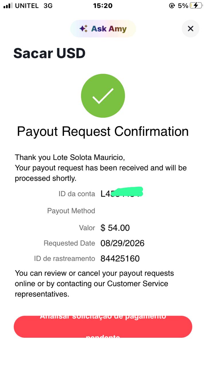 Comprovativo do resultado de Mário: 54,00 USD · aprox. 64.800 Kz