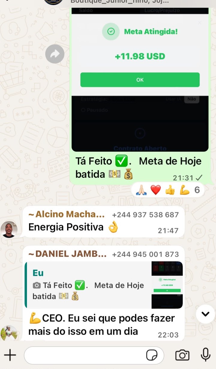 Comprovativo do resultado de Alcino: +11,98 USD · aprox. 14.376 Kz